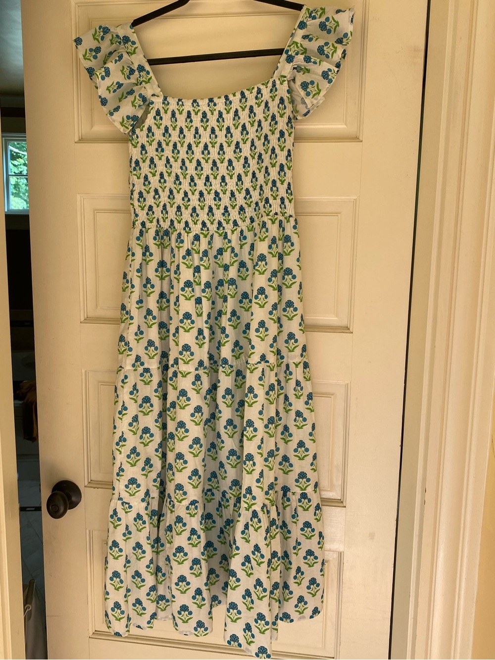 Victoria Dunn 100% Cotton Floral Midi Dress Smocked Bodice & Ruffle Sleeves sz S